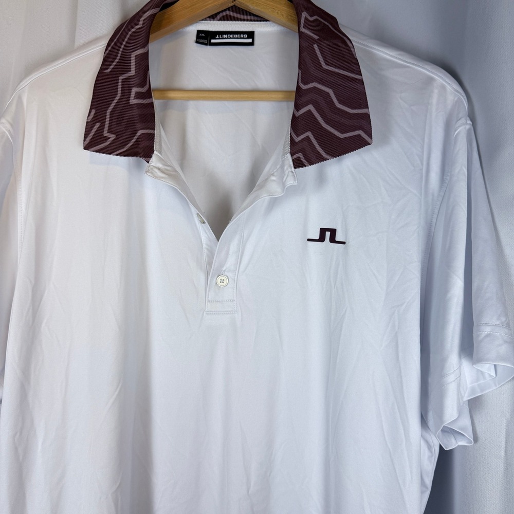 J.Lindeberg Glen Polo Shirt Mens XXL White Burgundy Pattern Collar GMJT13744